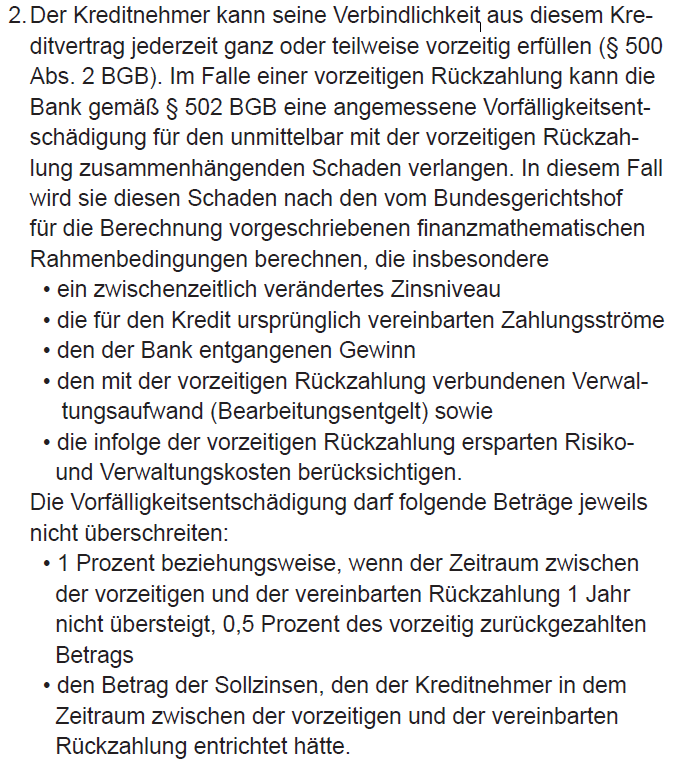 vorfälligkeitsklausel im darlehensvertrag